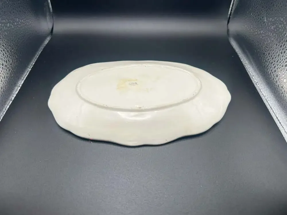 White Porcelain Oval Serving Platter with Embossed Rose Motif and Gold Trim